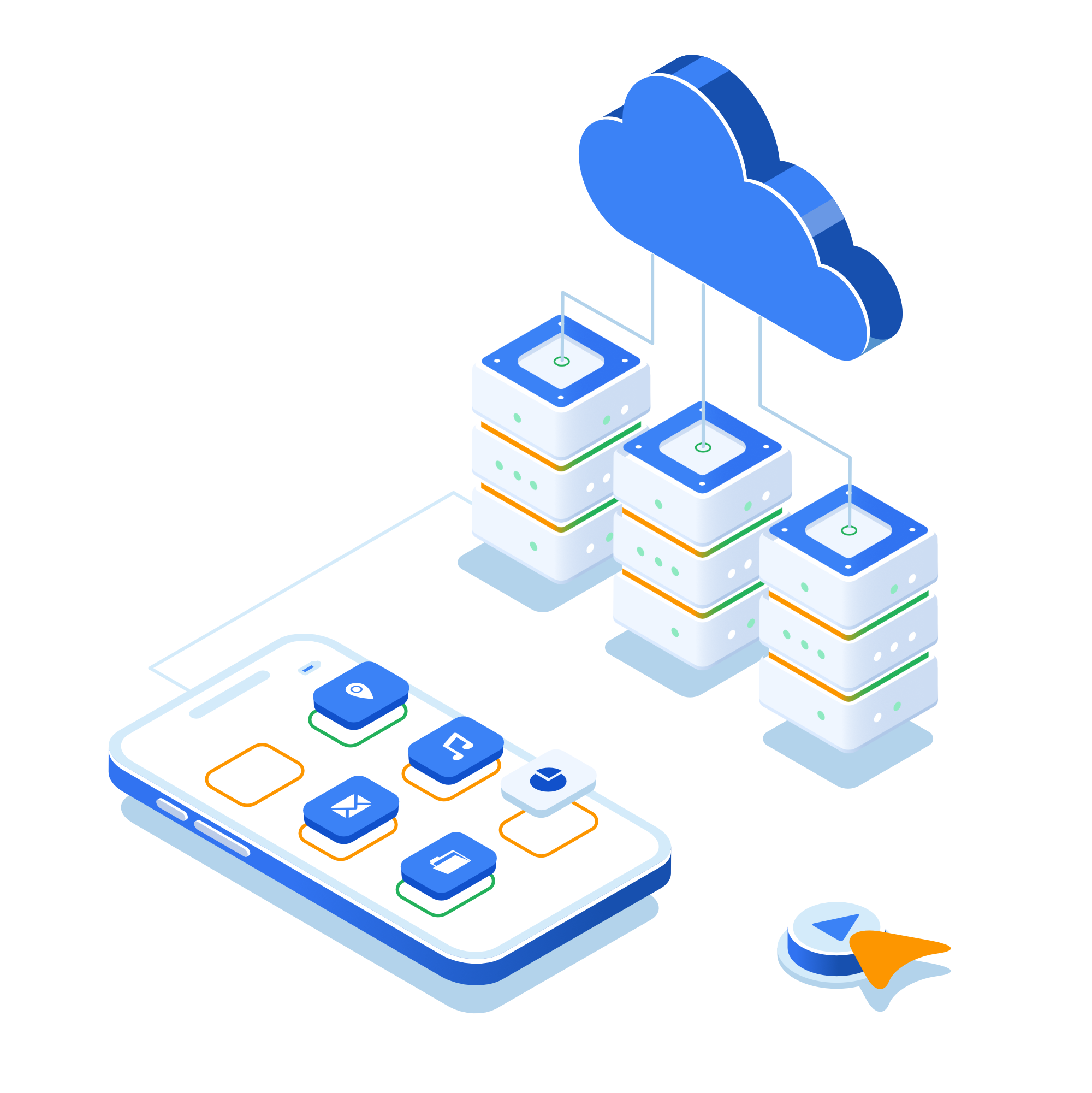 Cloud deployment illustration showing apps connecting to server infrastructure