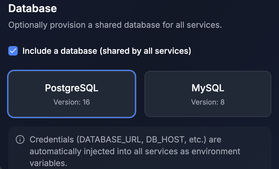 Database configuration showing PostgreSQL and MySQL options per tenant